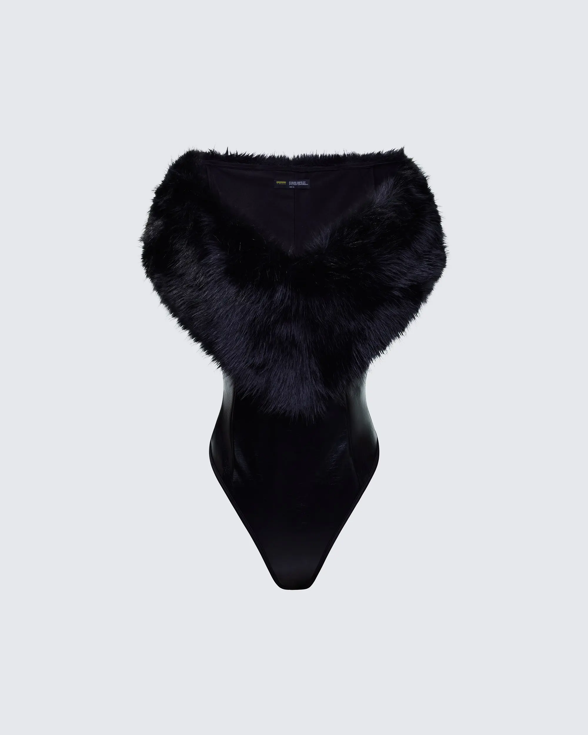 Women's Nina Black Fur Trim Bodysuit, Polyester-Spandex Fabric, Oversized Tops, Thong Design