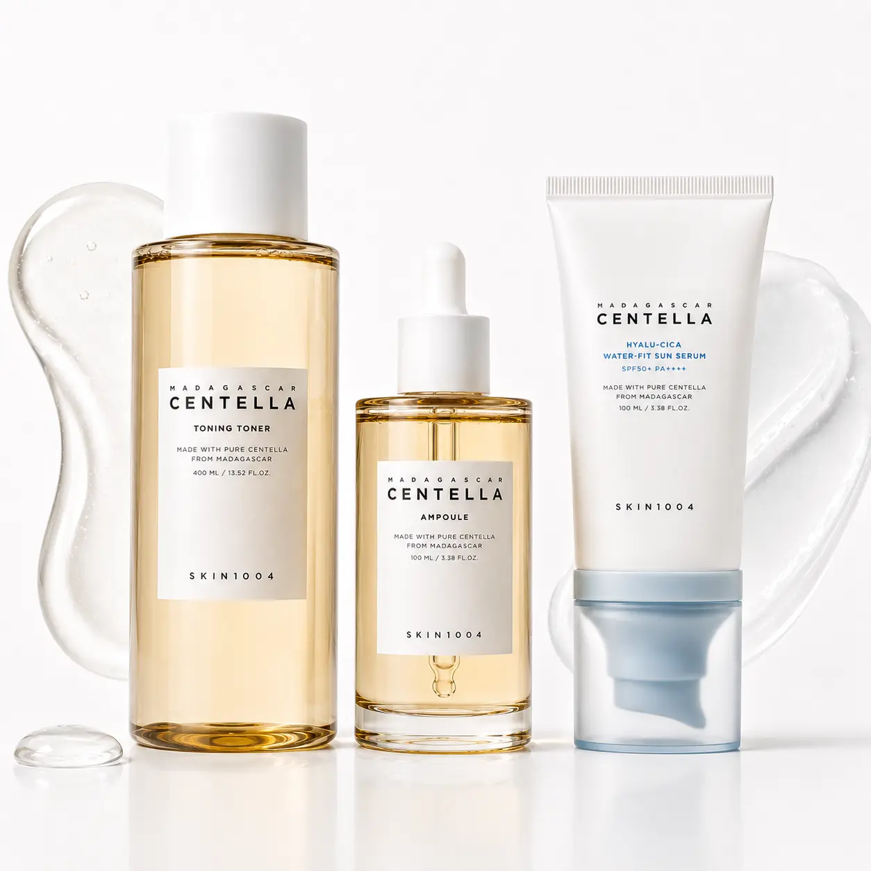SKIN1004 Hydration Ritual Korean Skincare Kit - Centella Hyalu-Cica Jumbo Water-Fit Sun Serum (SPF 50 UV Protection), Madagascar Ampoule, TECA Soothing Toner (50X, PDRN, LHA Gentle Exfoliation) for Hydrating, Moisturizing, Soothing Skin Balance