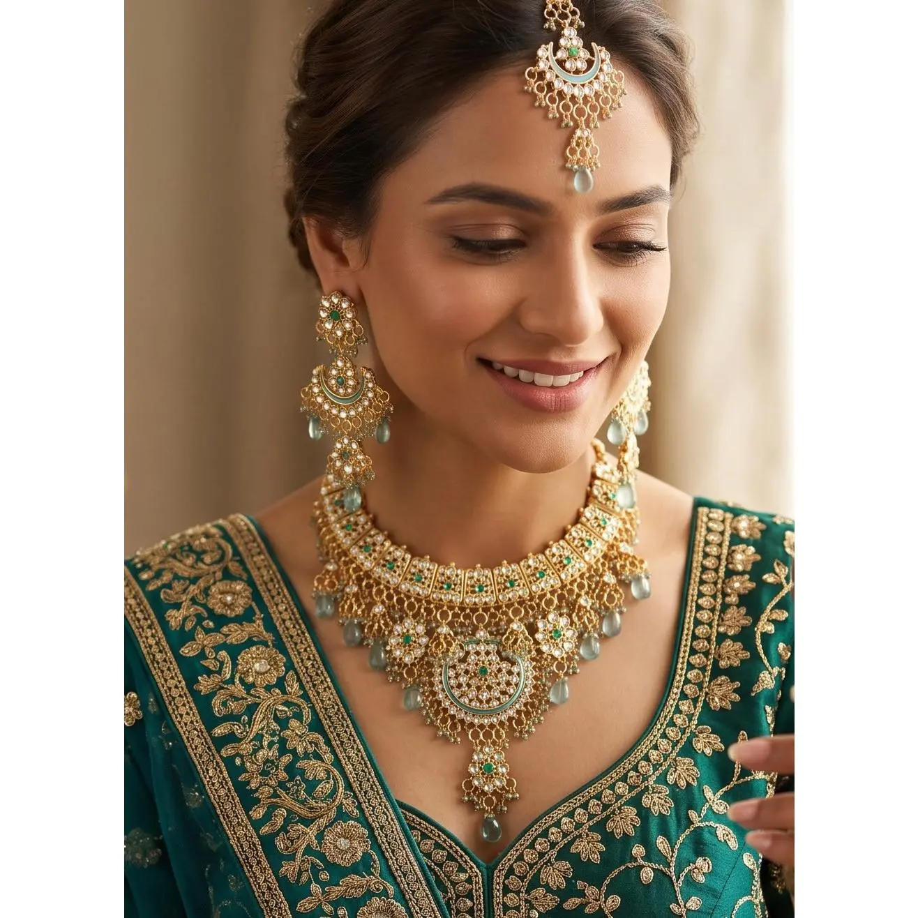 Aqua Blue Indian Pakistani Afghan Bridal Jewelry Set with Earrings & Maang Tikka | Gold Tone Crystal Rhinestone Necklace Set | Gift Box Included 7011