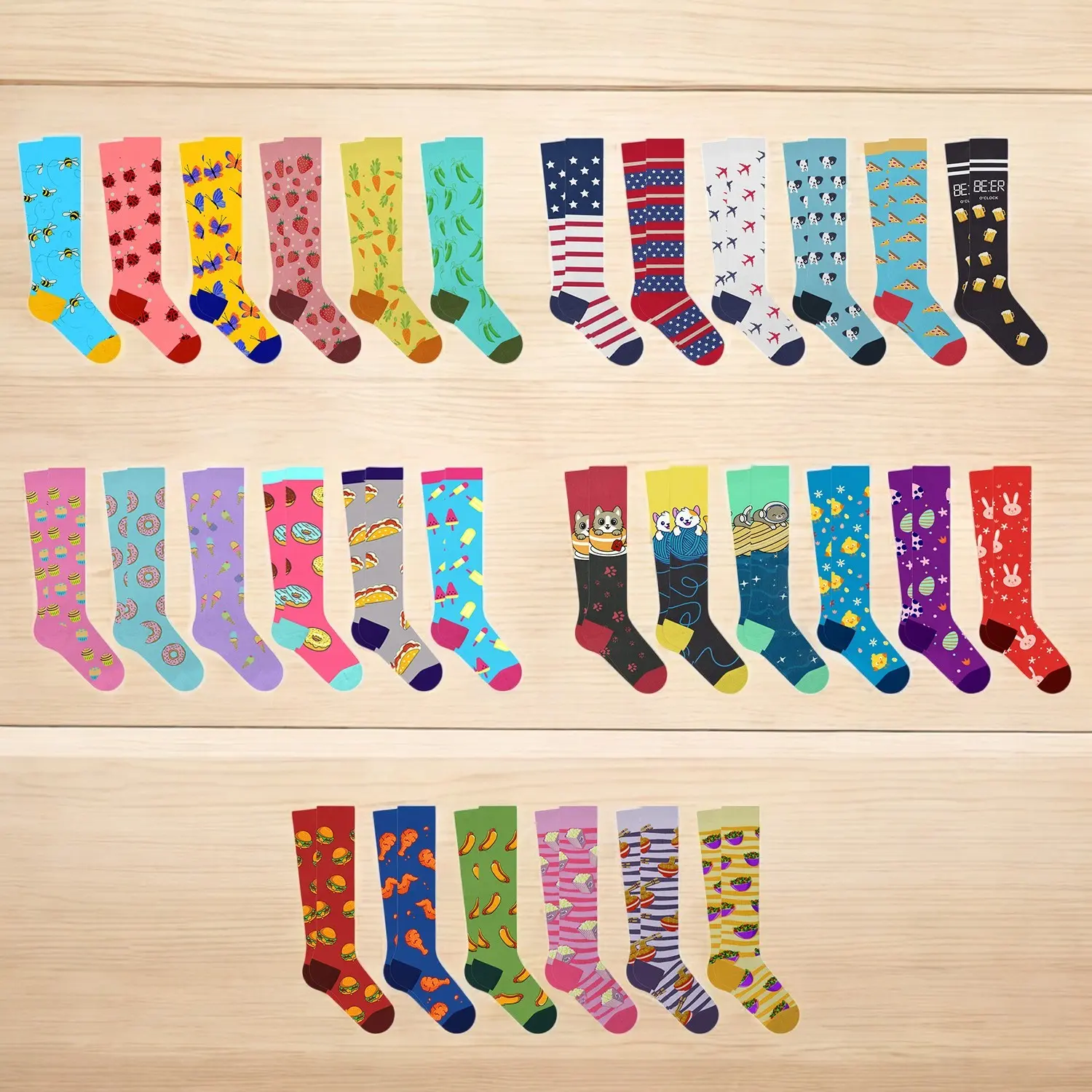 6-Pair: Vibrant Novelty Knee-High Compression Socks