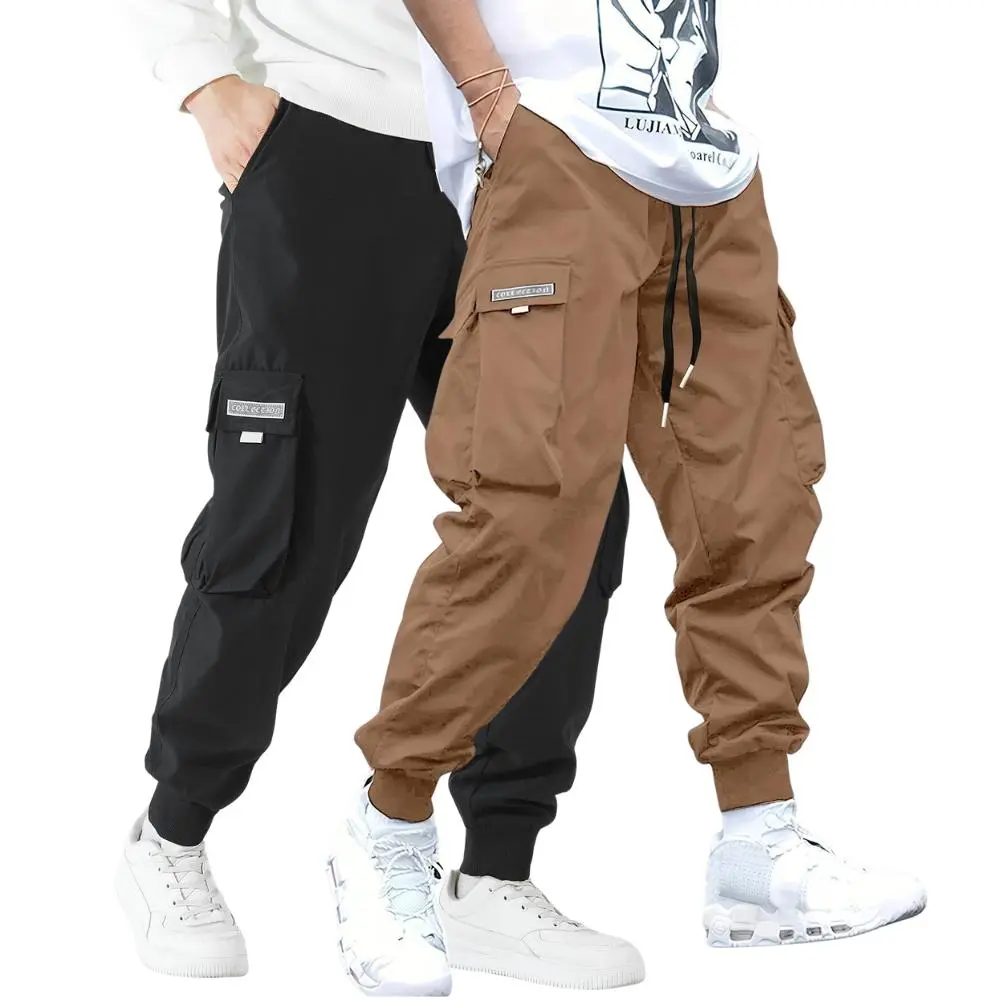 2 PCS Men's Letter Patch Cargo Joggers, Loose Wide Leg Drawstring Pants, Soft Breathable Polyester, Smart Casual for Commute & Office Workout Summer Wear Short Short Trouser Stylish Long Comfy Beige male clothes