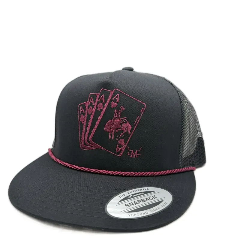 Burgundy Gambler SnapBack Hat with Poker Card Design and burgundy silk rope