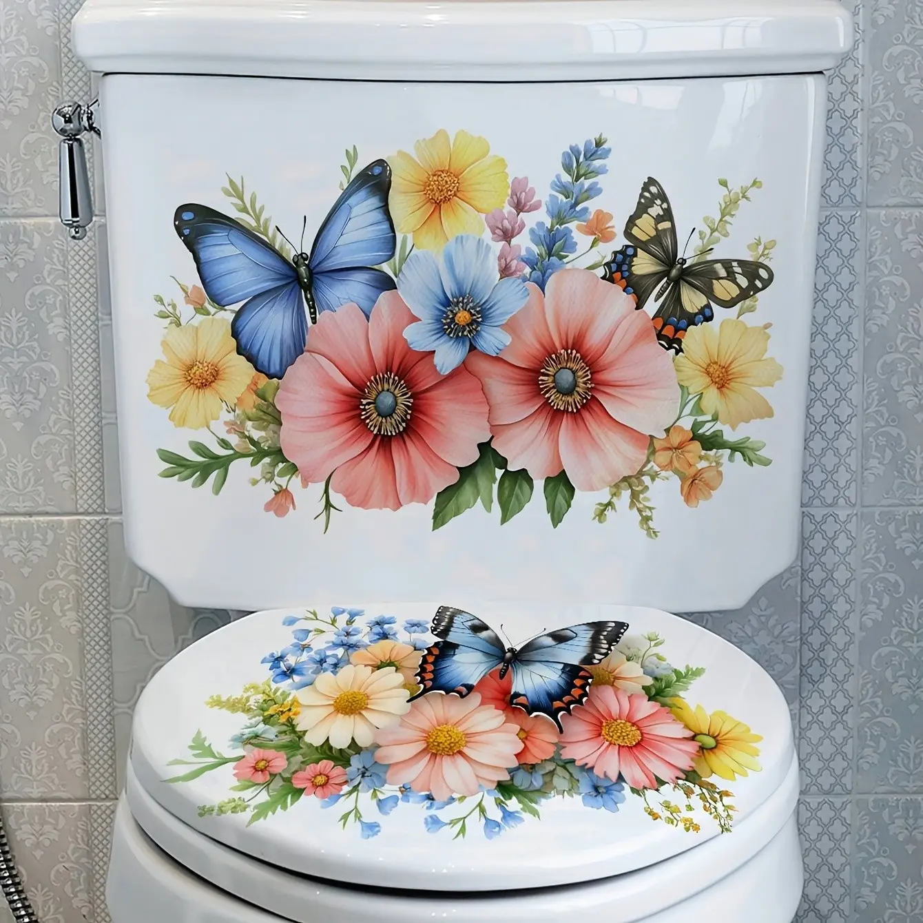 2-Pack Spring Floral Toilet Stickers, Bathroom Wall Decals, Bathroom Decoration Supplies, Home Decor for Bedroom, Living Room, Kitchen, Easy to Apply