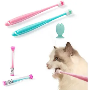 Small Dog & Cat Toothbrush 360 Degree Soft Silicone, Cat Dental Care, Toothbrush Holder, Easy to Handle, Independent Packaging, Extra Suction Cup, Light Blue&Light Pink 3PCS
