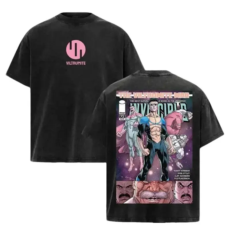 Invincible Viltrumite War Comic Vintage Graphic Tee | Heavyweight Cotton Acid Wash Oversized Shirt Men Women | Y2K Streetwear Superhero Fan Gift | Omni-Man Mark Grayson Retro Double Sided Apparel | Manga Anime Clothing Gamer Top Casual Comic Con Merch Cla