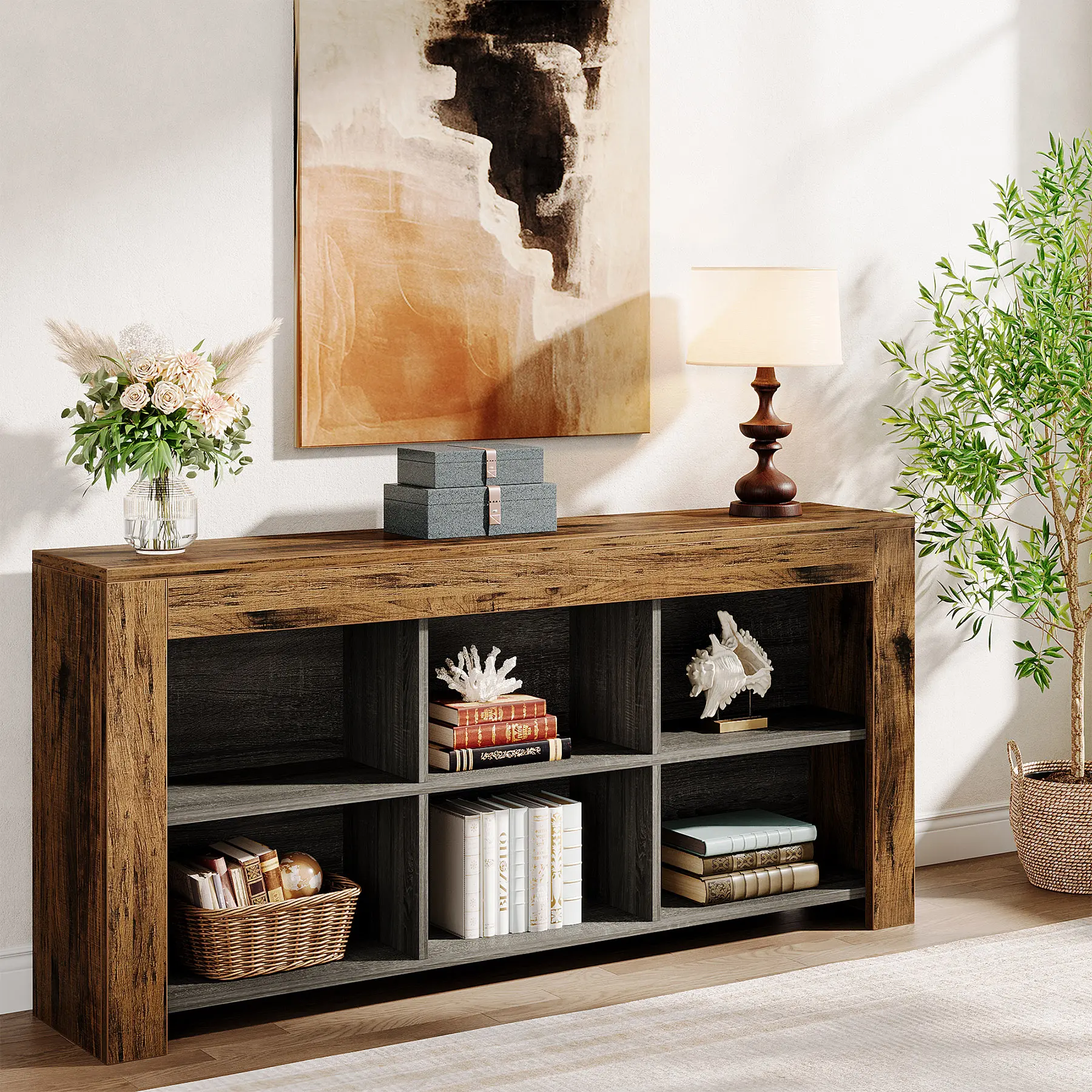 Tribesigns Console Table with Storage, 63-Inch Narrow Long Sofa Table, Entryway Table with 6 Cubes, Farmhouse Storage Shelves for Entryway, Living Room