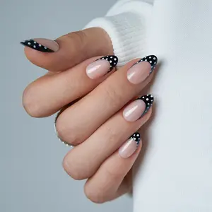 Curvlife medium almond floral Press On Nails nude glossy shiny french Easy Apply Nail Art