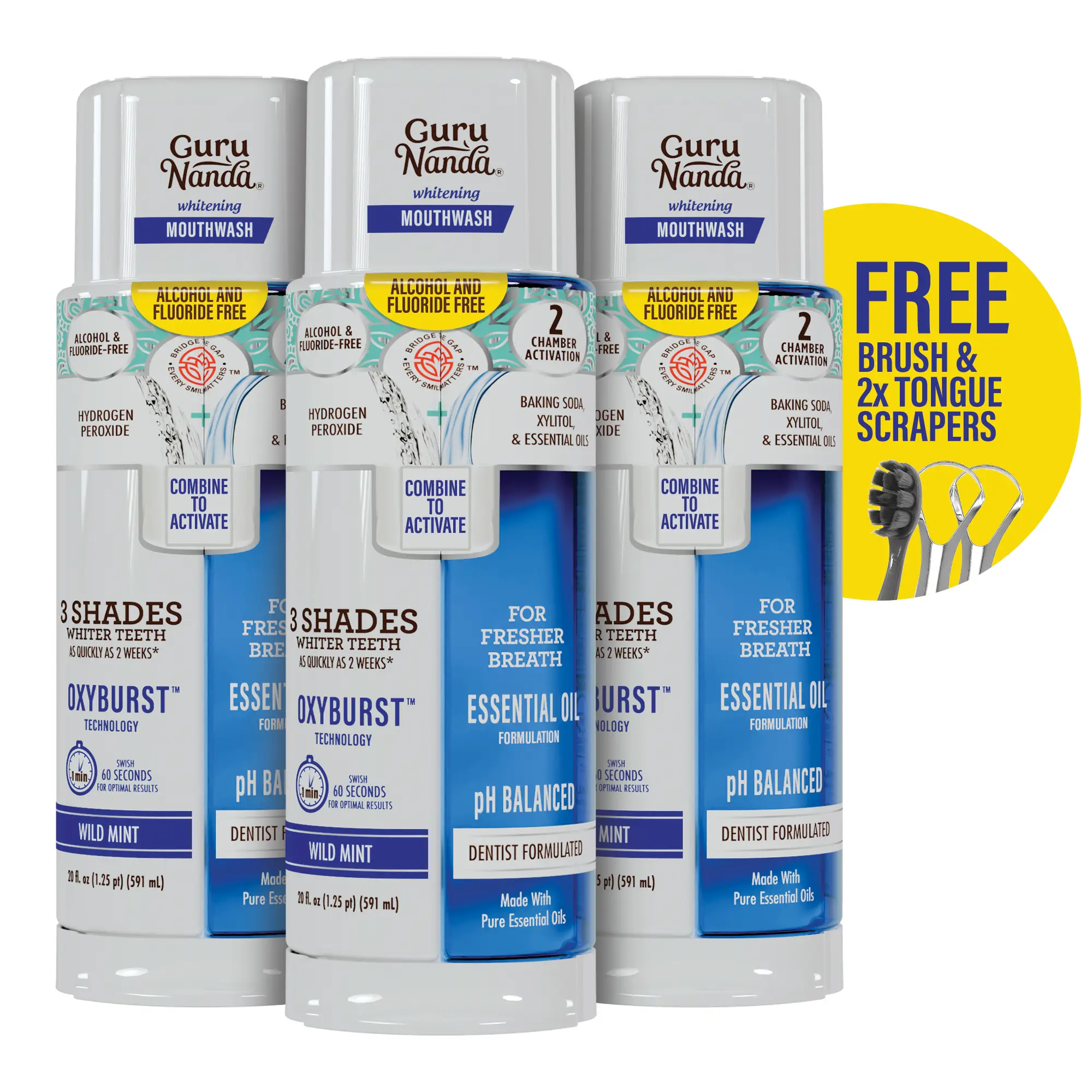 GuruNanda Dual Barrel Oxyburst Whitening Mouthwash, 20 Fl Oz - 3 Pk