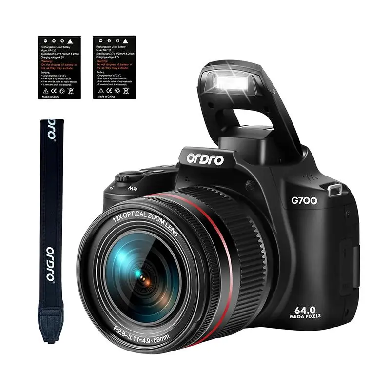 ORDRO G700 CMOS Digital Camera for Photography & Vlogging Beginners, 3” Flip Screen, 12X Optical Zoom, WiFi, AF/MF, Flash, Retractable Lens, USB Port, Rechargeable Camcorder