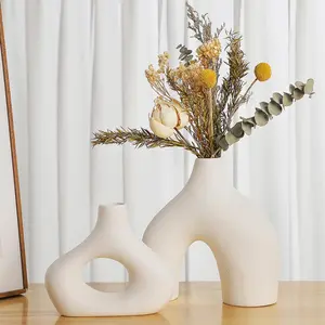 White Ceramic Vase Set of 2 for Modern Minimalist Bohemian Decor,Round Matte Donut Vases for Pampas Grass- for Living Room, Dining Table, Office Bedroom Shelf Decor Entryway, Console