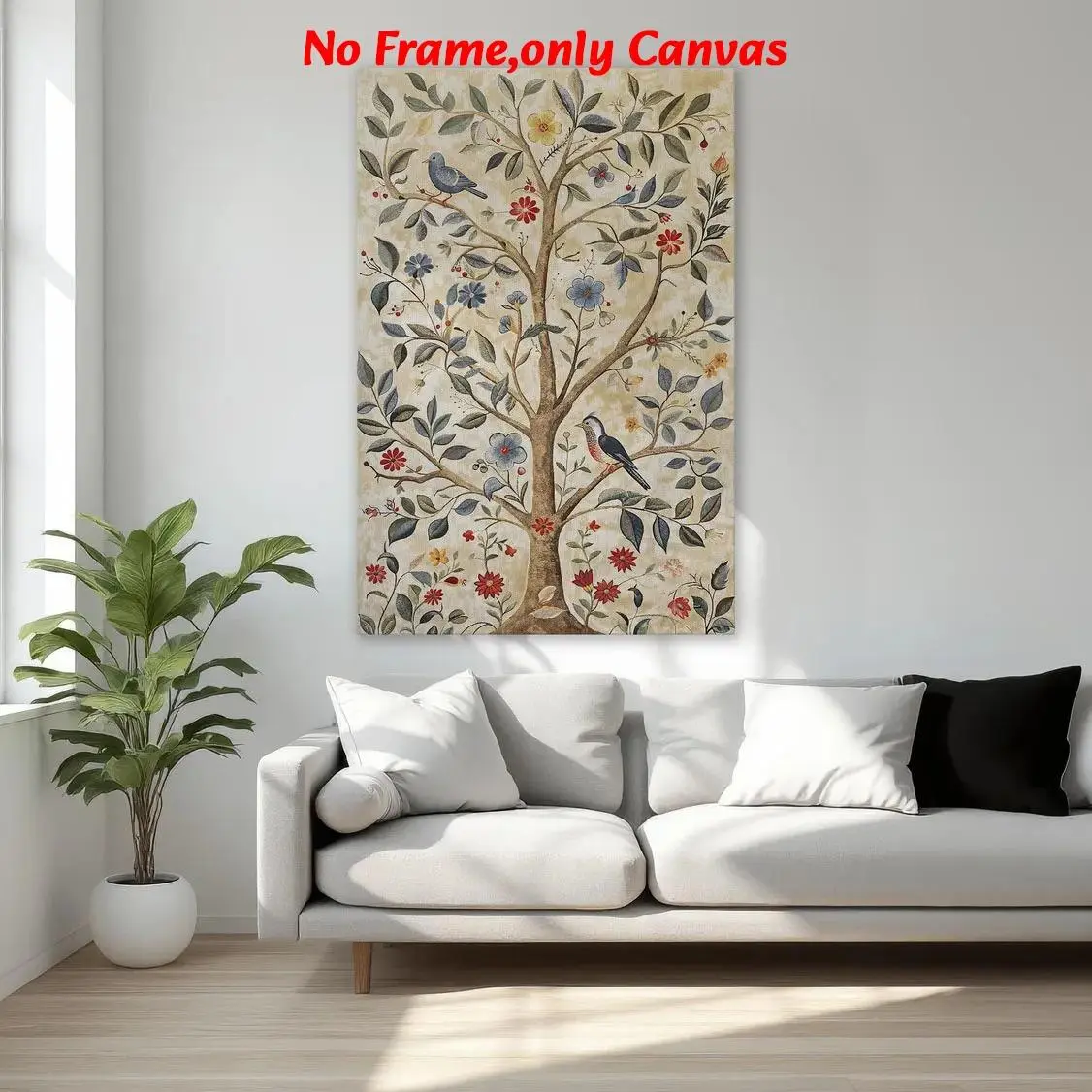 1pc, wall art, Artwork, artwork for walls, vintage poster, hippie floral print, bohemian style print, flower tree and bird on branch canvas painting, living room decor, room decor aesthetic, bedroom decor, housewarming gift, unframed
