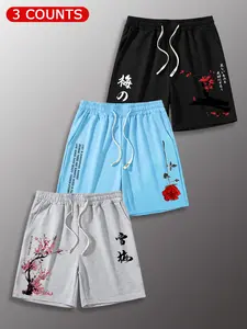 Men's 3-Piece Set Plum Pattern Print Drawstring Waist Shorts, Summer Casual Outdoor Gym Shorts, Comfortable and Stylish, Casual Athleisure Shorts