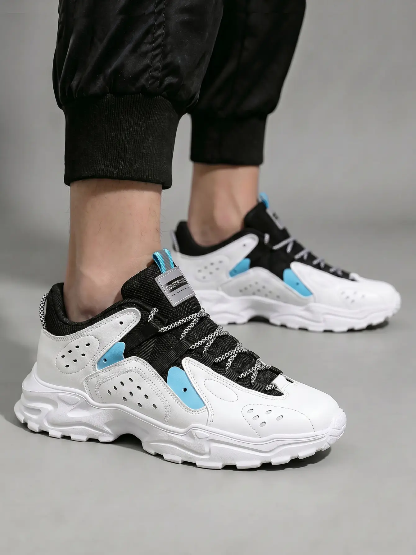 Men's Adjustable Lace-up Casual Trainers, Chunky Color Block PU Mesh Statement Shoes with a Height Boost Foam Platform Sole and Rounded Toe Box, Eva Foam, Affordable Fashion, Faux Leather, Anti-Slip, All Seasons, Campus Style Casual Trainers, Chunky Sneak