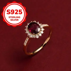 Luxury 925 Silver Flower Ring Women's Four Prong Oval Red Rose Jewelry moval  engagement  ring