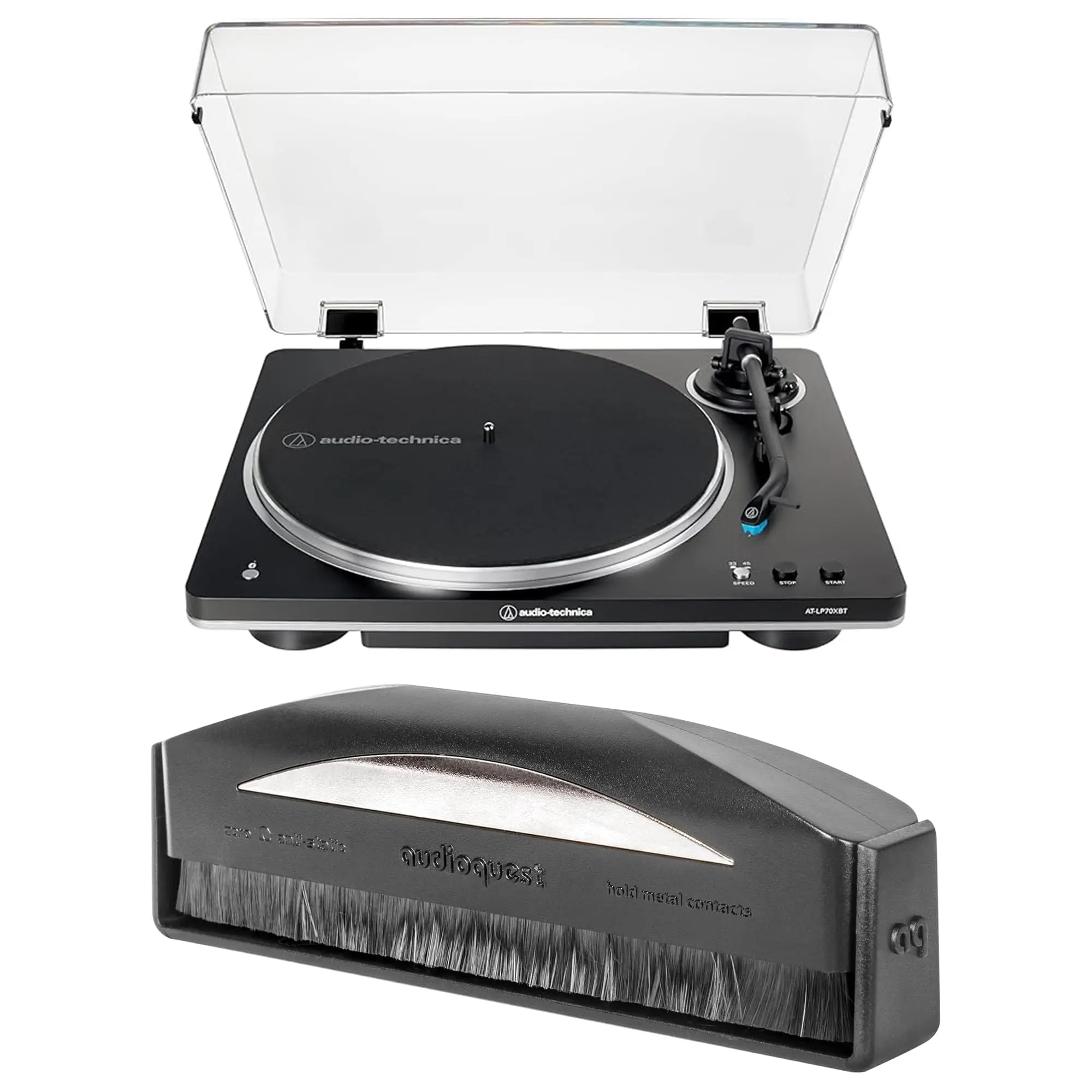 Audio Technica AT-LP70XBT-BS Automatic Belt-Drive Turntable - Black/Silver, Bluetooth, High-Quality Analog Music Sound (2024) Vinyl Bundle with AudioQuest AQSLVRRECBRUSH Silver Anti-Static Record Brush for Collectibles