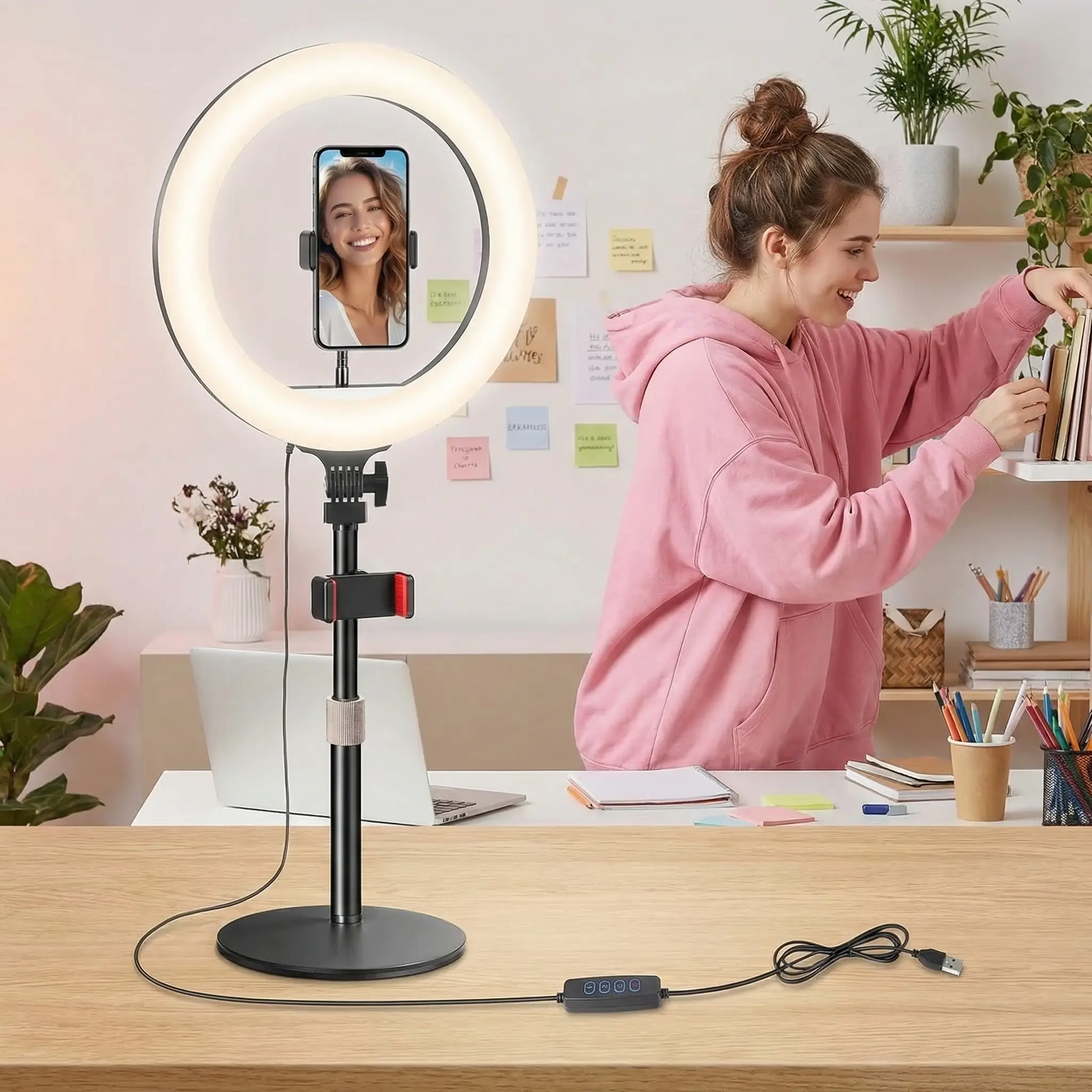 12" Tabletop Ring Light with Phone Stand and Adjustable LED Brightness, Desktop Lighting for Video Calls, Makeup, Selfie, Recording, Online Teaching, Meetings, Home Office and Creative Activities, Compact Design Fits Desks, Tables and Small Spaces