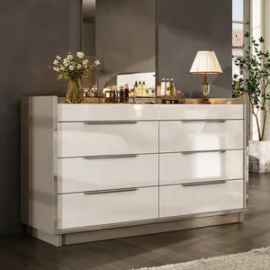 AMERLIFE Modern LED 8/5 Drawer Dresser Set with Glass Tabletop, Jewelry Storage, Lift-Top Mirror & High Gloss Finish for Bedroom, Living Room, Dressing Room - Cream & Grey/Best Gift Ideas/Christmas Gifts