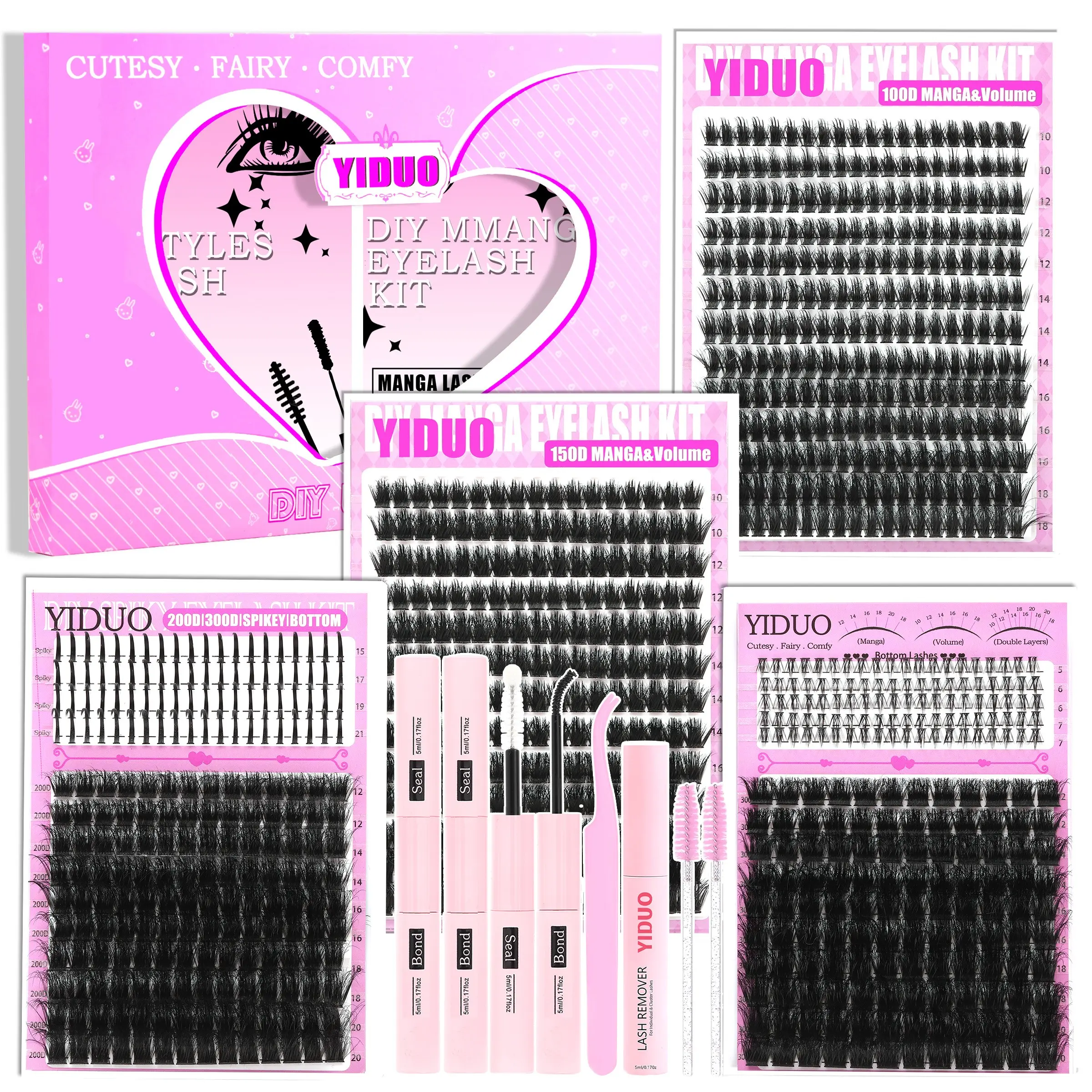 YIDUO 6 Styles Volume Lash Clusters False Eyelashes Kit 100D/150D/200D/300D/Spiky/Bottom Lashes Clusters Kit 5-21mm Cluster Eyelash Extension Kit 921 Pcs D-Curl With Lash Bond and Seal*2, Lash Remover，Lash Tweezers,Eyelash Brush DIY at Home Easily
