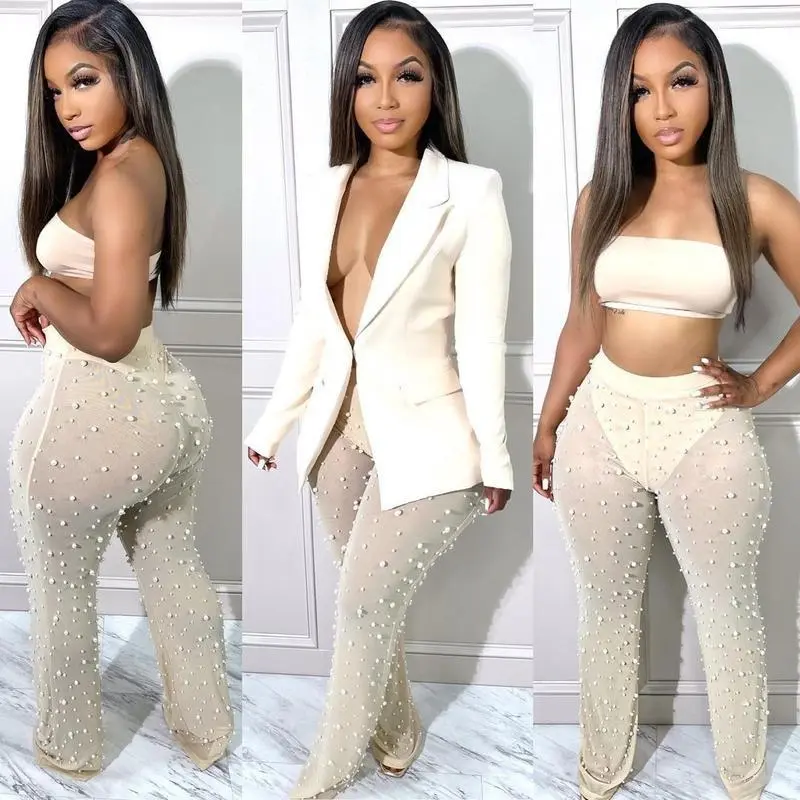 Cozy Knit Co Ord Set, Casual Blazer Pearl Pants Sets Two Piece Set Women Solid Long Sleeve Single Button Jacket Top and Mesh Trousers Outfit for Party Suits Wear, Night Out, Modern, Wedding Guest, Contemporary