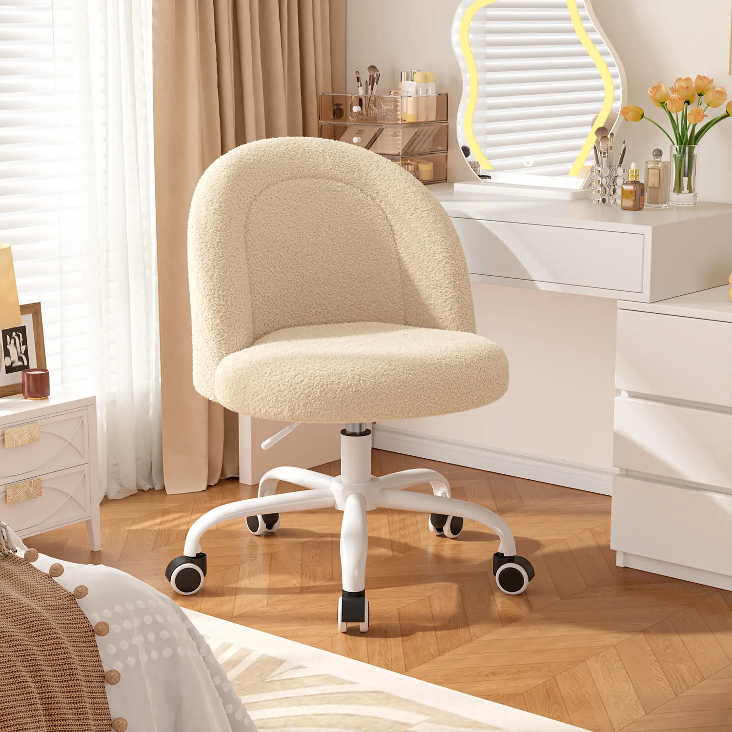 Raybee Vanity Chair with Wheels, Cute Desk Chair with Back, Armless Office Chair Height Adjustable, Soft Lumbar Support for Small Space, Bedroom, Gentle Pink Interior Design Furniture #TikTokShopStockUp #TikTokShopSummerSale #SummerVibes