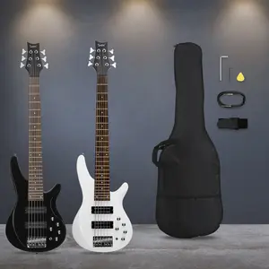 44-Inch GIB 6-String H-H Pickup Electric Bass Guitar with Laurel Wood Fingerboard, White Adjustable Bridge, Premium Finish, Adjustable Guitar Strap, Carry Bag & Other Accessories