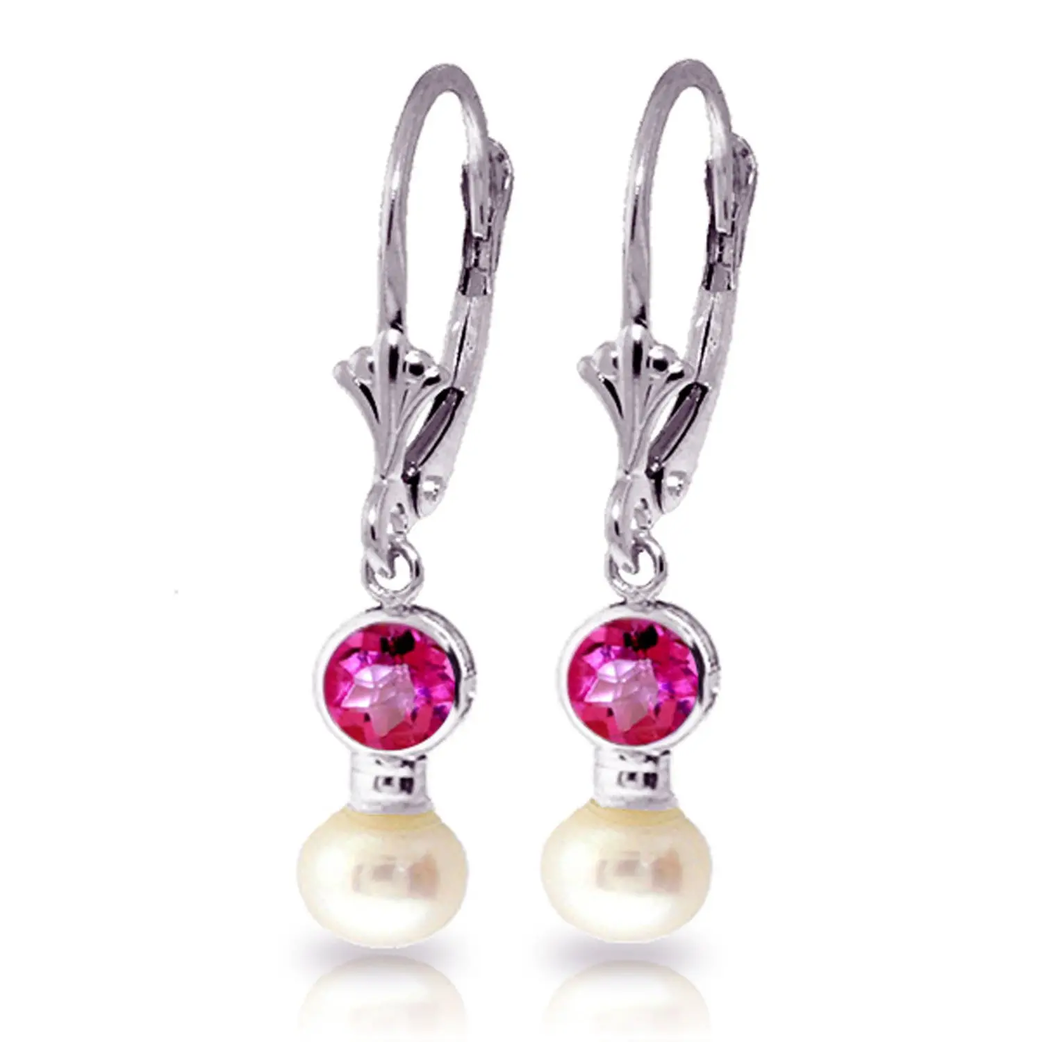 14k White Gold Dangle Earrings with Freshwater-cultured Pearl and Pink Topaz
