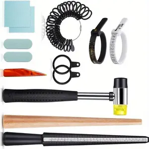 11PCS Ring Sizing Kit with Mandrels Half Size, US UK Size 1-13, Jewelry Hammer, Polishing Cloth, Polishing Stick, Agate Knife, Measuring Tools