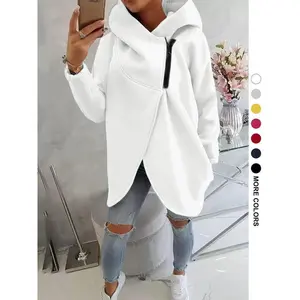 Women’s plus-size hooded sweatshirt with a full zip, asymmetrical hem, breathable thick fleece, loose fit long sleeves, pullover design