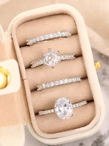 4 Piece Set Charming Artificial Zircon Cubic Zirconia Stacking Rings for Women, Solitaire Engagement Rings, Wedding Engagement Anniversary Gift, Casual Accessories Gift Box Included