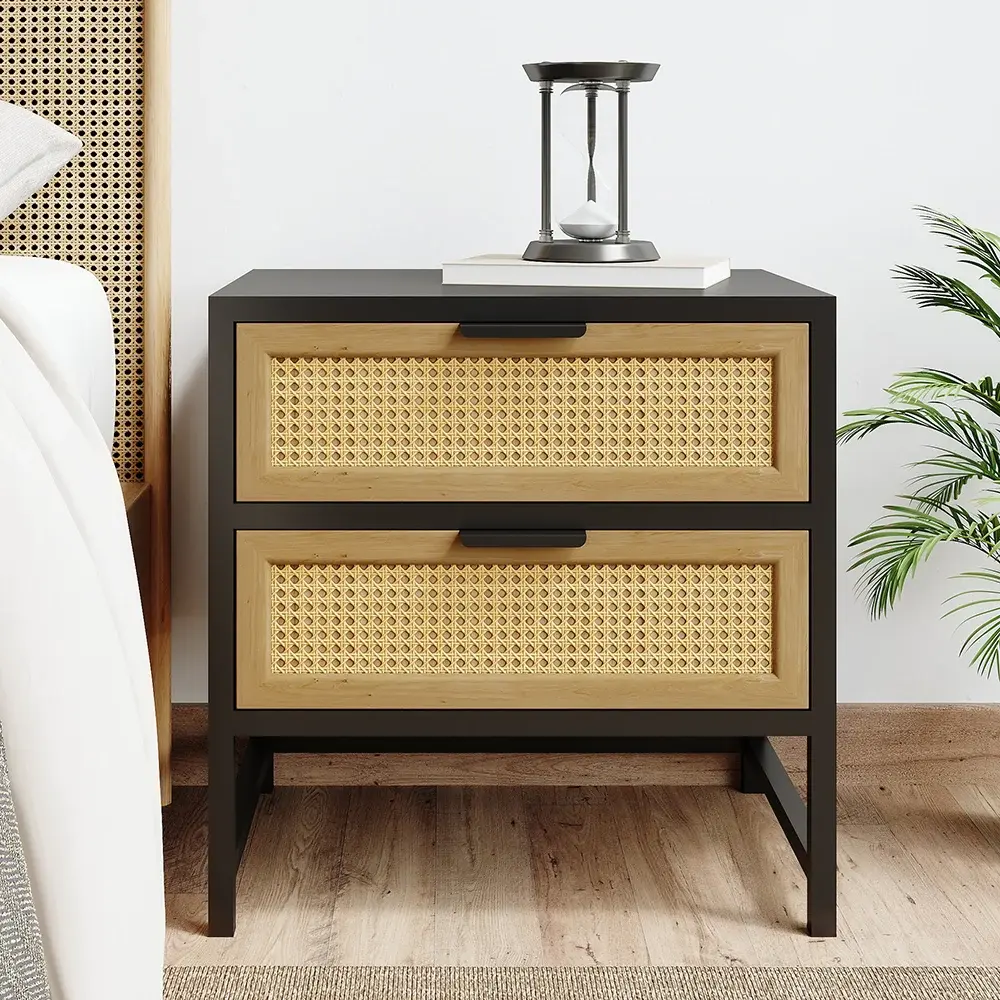 【Clearance】Homary Industrial Modern Pine 2-Drawer Rectangle Boho Rattan Nightstand - Bedroom Table, 47.6 lbs Bedroom Bedside Cabinet with Drawer Storage, Black Accents, Modern Furniture, Wipeable with Damp Cloth, Drawers