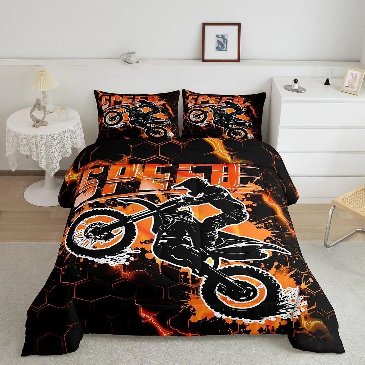 Feelyou 3D Dirt Bike Pattern Bedding Set - Breathable Microfiber Quilt, Comforter & Duvet Set, Casual Bedroom Decor for Extreme Sports Motocross Enthusiasts