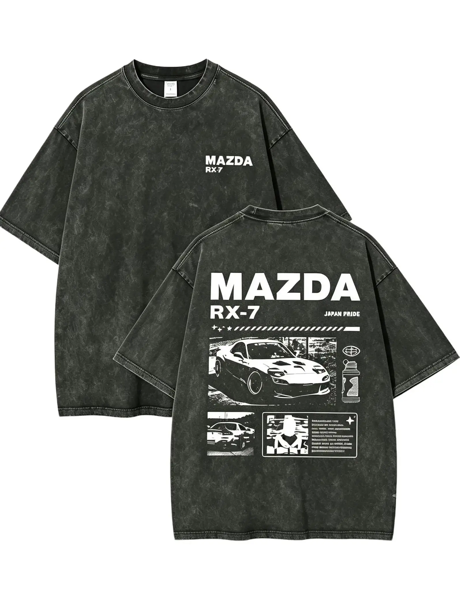 Men's Mazda RX-7 Graphic T-Shirt, Menswear Oversized Tee, Vintage Washed Round Neck Short-Sleeve Casual Top with JDM Racing Car Print, Japanese Car Culture Retro Streetwear for Men