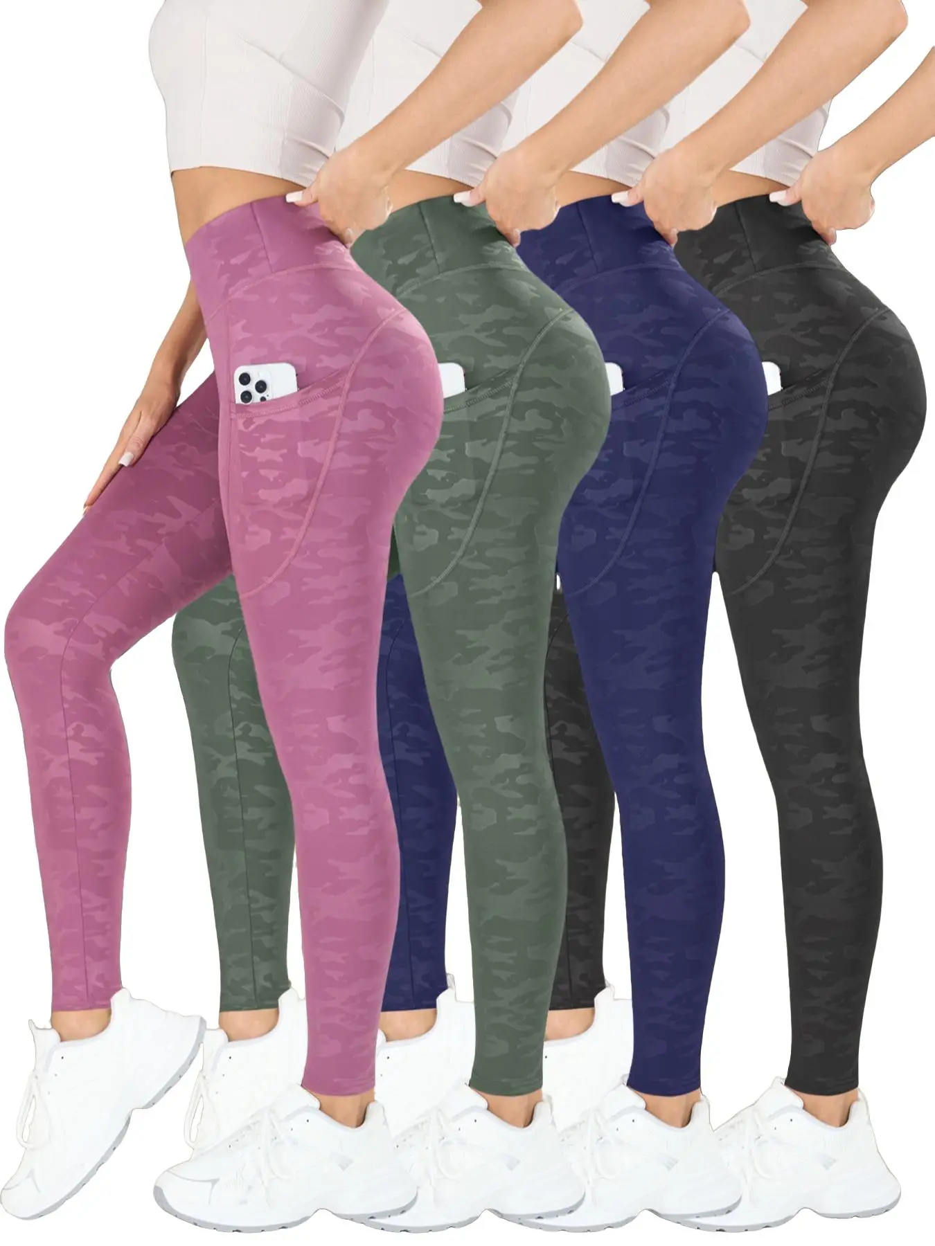 4PCS Women's Camo Print Yoga Pants, Fitness Clothes, Tight-Fitting Sporty Style, Curved Pockets Outdoor Exercise Long Pants, All Seasons Fit, High Waisted Leggings, Stretchy High Waist, High Waist Activewear