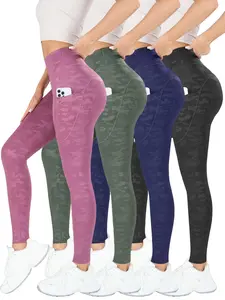 4PCS Affordable  Women's Camo Print Yoga Pants, Tight-Fitting Sporty Style, Curved Pockets Outdoor Exercise Long Pants, All Seasons Comfortable Fit, Camo Pattern, High Waisted Leggings, Stretchy High Waist, High Waist Sports