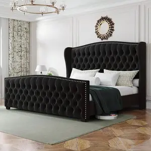 Queen/King/California King Size Platform Bed Frame With Velvet Upholstered Wingback Headboard, Handmade Button Tufted And Nailhead Trim, Wooden Slats Support, No Box Spring Needed