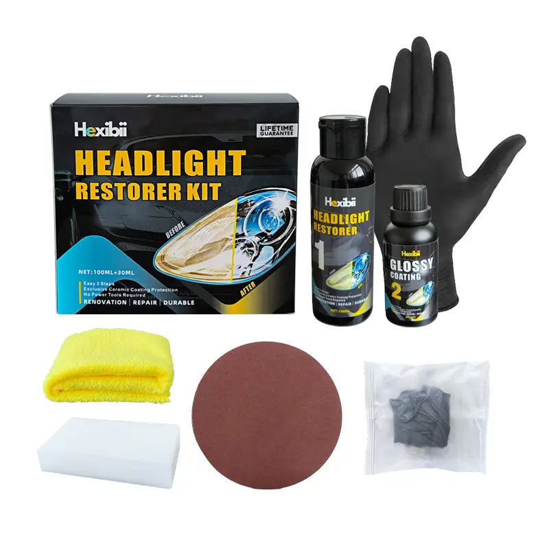 Hexibii Headlight Restorer & Sealant Kit - Auto Detailing Supplies, No Power Tools Needed, Polishes Yellowed Lenses, Removes Clouding & Stains, Fast Renewal for All Vehicles