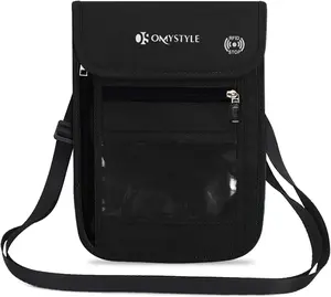 OMYSTYLE Travel Neck Pouch, RFID Passport Holder with Adjustable Neck Strap, Waterproof Neck Wallet for Men & Women to Keep Cash, Credit Cards and Documents Safe, Black (8x6)