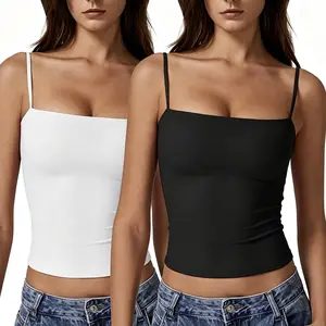 【2 Pieces】QINSEN Women's Double Lined Basic Tank Top Adjustable Spaghetti Straps Sleeveless Camisole Shirts