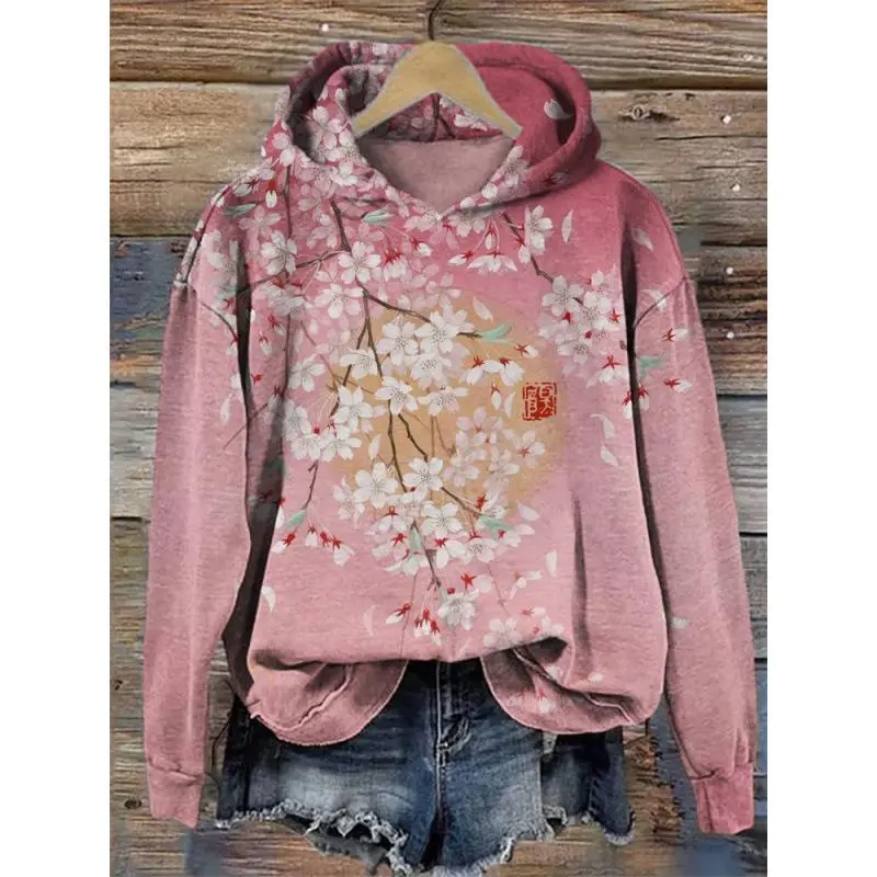 Even shirt trend Japanese ethnic style cherry blossom art print national tide loose autumn and winter retro Even shirt trend Japanese ethnic style cherry blossom art print national tide loose autumn and winter retro