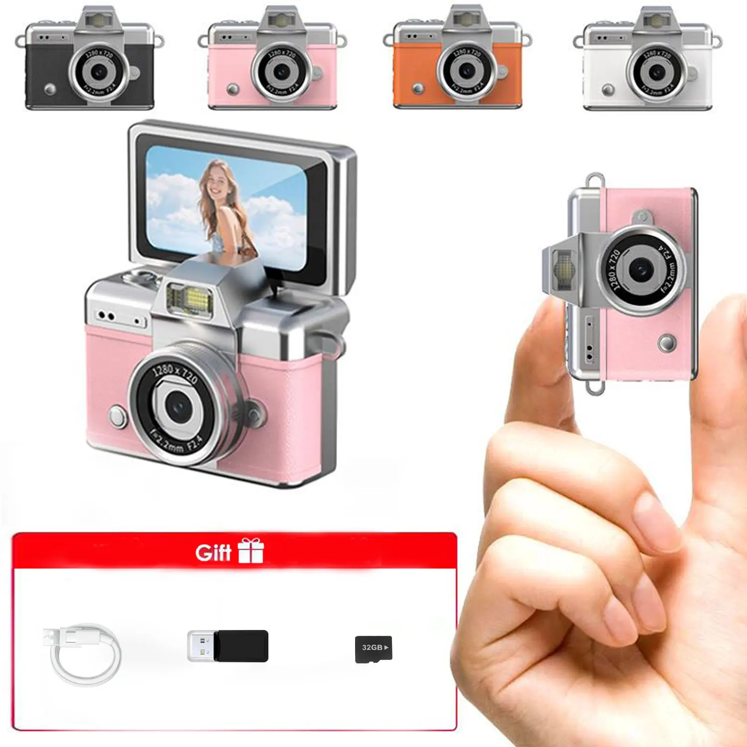 Mini Portable Digital Camera with 32GB Storage Card, Reader, Charging Cable, Flashlight, 1.47 Inch Screen, 1080P HD, Vintage Vlog Camera, Keychain Video Camera