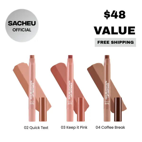 sacheu DoubleDown Lip Definer Trio - 3-Pack 2-in-1 Lip Liner & Balm Set, Long-Lasting K-Beauty Lipstick with Satin Finish, Avocado Oil & Vitamin E, Nude, Pink & Brown Shades Pigmented Lip Balm