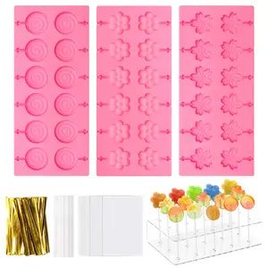 304Pcs Silicone Lollipop Molds Kit - Pink Lollipop Candy Molds with 15 Holes, Acrylic Stand, 100P Sticks, Bags, Ties