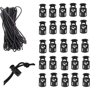 Black Shock Cord & Plastic Cord Locks for Elastic Drawstring Clips - Bungee String & Spring Toggle Cord Ends Stopper Clamps for Shoelace Paracord