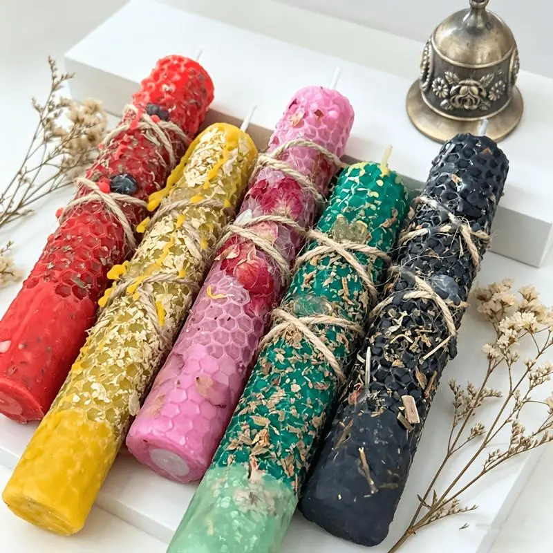 5pcs 20×2.2cm handmade honeycomb beeswax ritual taper candle with dried herbs mixed color unity decorative stick candle ambient souvenir gift for halloween christmas valentine spiritual ceremony Set Autumn