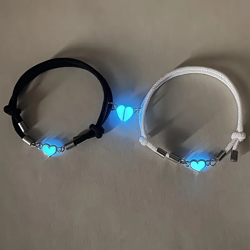 Luminous Heart Charm Bracelet Set, Hand Woven Magnetic Milan Wire Wristbands, Glow In The Dark Romantic Couple Jewelry, Delicate Matching Ornament for Daily Wear And Valentine's Day Gift Choice,summervibes