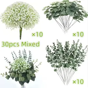 30pcs to 120pcs Starry Artificial Flowers with Fake Eucalyptus Leaves, Decorative Vases for Wedding and Home, Versatile Floral Arrangement Set, Plastic Flowers, Faux Plants, Home Decoration Bouquet, Home Decor Accessory
