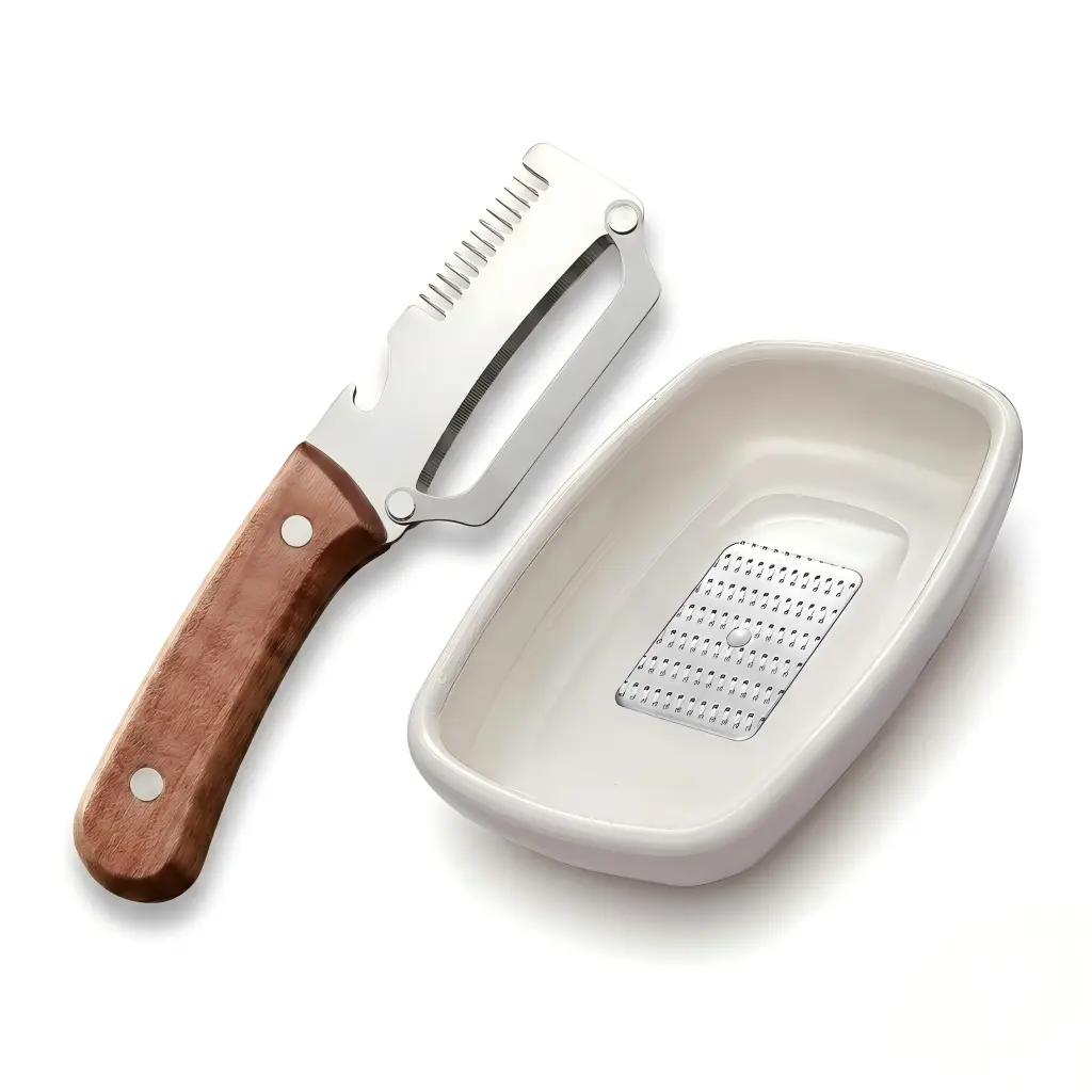 3-in-1 Kitchen Peeling Utensils Set - Stainless Steel Vegetable Peelers for Kitchen with Garlic-Ginger Grater, Wooden Handle Julienne Peeler, Bottle Opener, Fruit & Vegetable Prep Tool (Home Supplies, Party Gift Option)