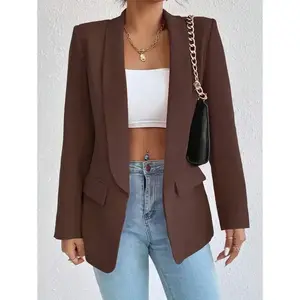 Spring & Autumn Casual Solid Color Shawl Collar Blazer Jacket Long Sleeve Fabric Womenswear Brown Fit Button