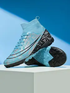 Parent-Child Black-White Leopard Print High-Top Sock-Fit Turf Football Shoes, Football Boots, Sport Style, Breathable Knit Material + Professional Turf Studs, Parent-Child Compatible, Eye-Catching, Ideal for Artificial Turf Football Fields