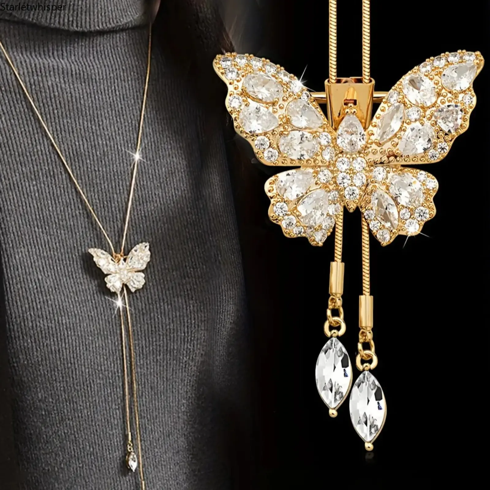 Elegant Long Butterfly Necklace for Women, Artificial Crystal Pendant Chain, Versatile Dual Wear Design, Luxury High-End Sweater Chain, Stylish Daily Jewelry for Casual Outfits, Party Look and All Season Fashion Matching